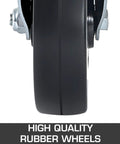 Close-up of a black rubber wheel from 4 Pack 5 Inch Scaffolding Rubber Swivel Caster Wheels With Dual Locking Heavy Duty Casters 1.26 Inch Square Stem 440 Lbs Per Wheel 360 Degree Rotation Non Marking Quiet Rolling For Carts Benches And Workstations.