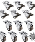 12 Pack 1 Inch Low Profile Soft Rubber Swivel Casters With 360 Degree Top Plate, Includes 50 Screws, Six With Brakes And Six Without