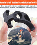 Close-up of rubber flexible latch with T handle hasp, shown in hand and installed, absorbs vibration for automotive and industrial use.