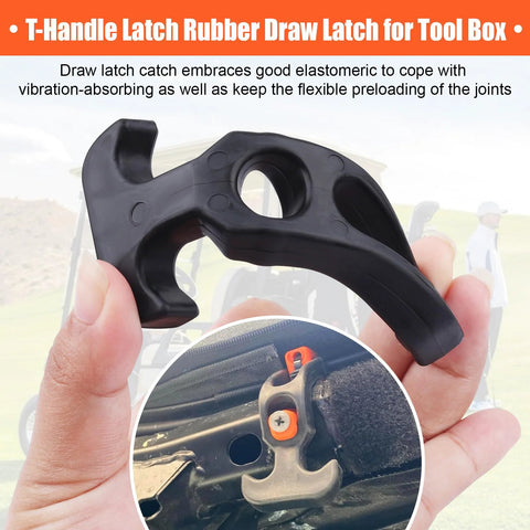 Close-up of rubber flexible latch with T handle hasp, shown in hand and installed, absorbs vibration for automotive and industrial use.