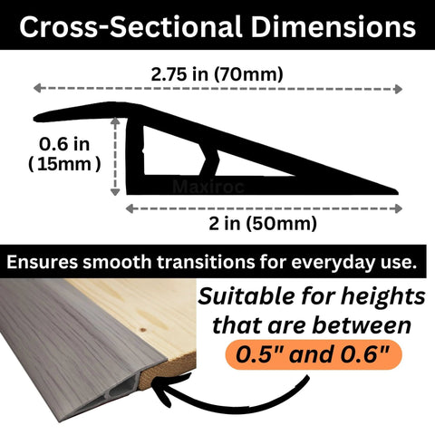Cross-sectional dimensions of 1/2" to 3/5" Height Threshold Ramp - Rubber Threshold, Floor Transition Strip in Gray Oak Ash