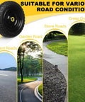 13 inch solid rubber tires, 4.00-6 flat free with 5/8" bearings shown for various road conditions including garden, stone, and grass roads