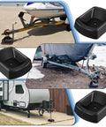 Heavy Duty 6 Inch Wheel Chocks For Trailers 2 Pack Rubber Stabilizers With Single Wheel Stopper For Travel Trailers Campers Boats And Cargo Transport Rock Solid Reliability And Easy Setup By Threehoney shown in use with various trailers and campers on various surfaces.