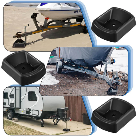 Heavy Duty 6 Inch Wheel Chocks For Trailers 2 Pack Rubber Stabilizers With Single Wheel Stopper For Travel Trailers Campers Boats And Cargo Transport Rock Solid Reliability And Easy Setup By Threehoney shown in use with various trailers and campers on various surfaces.
