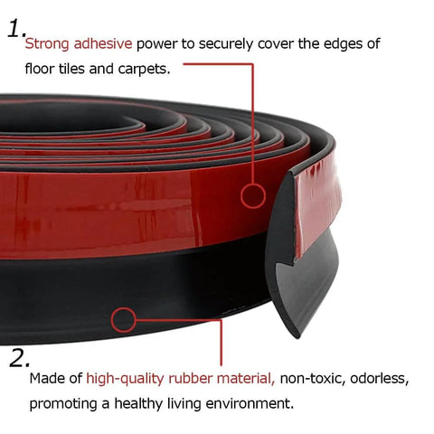 Close-up of Carpet Floor Transition Strip 10Ft, Self-Adhesive Carpet to Tile Transition Edging Trim, black rubber material.