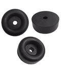 4 Pack Rubber Isolation Feet Pads With Heavy Duty Rugged Round Bump Stops For Vibration Damping Two And A Half Inch Outer Diameter And One Inch Thick Rubber Bumpers For Truck Cargo Hatch Floor Protection And Noise Reduction, showing three black circular rubber pads