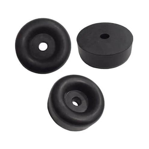 4 Pack Rubber Isolation Feet Pads With Heavy Duty Rugged Round Bump Stops For Vibration Damping Two And A Half Inch Outer Diameter And One Inch Thick Rubber Bumpers For Truck Cargo Hatch Floor Protection And Noise Reduction, showing three black circular rubber pads