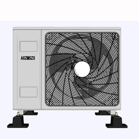 Front view of outdoor HVAC unit on rubber vibration isolation mounts for small mini split air conditioner condensers and outdoor HVAC units providing anti vibration noise reduction and shock absorption with a universal base and damping bracket set.