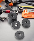 Eight Pcs Vibration Isolation Washer and Rubber Isolation Pads Set With 1.5 Inch Outer Diameter 0.6 Inch Inner Diameter 0.4 Inch Thick For Mechanical Vibration Damping Shock Absorption and Noise Reduction in Audio and Electronic Equipment displayed with tools.