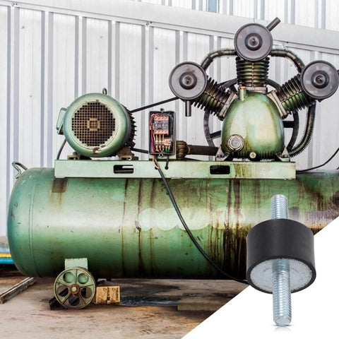 Industrial equipment with rubber cylindrical vibration isolator mounts with dual threaded studs for pumps and compressors.