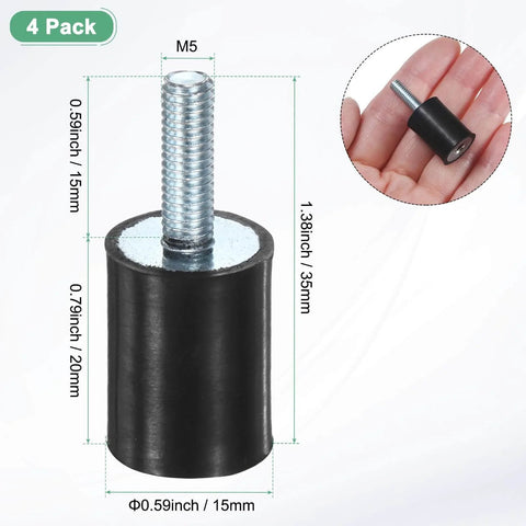 4 Pack Rubber Mounts D15mm By H20mm Vibration Isolators With M5 By 15mm Studs, shown in hand for size reference.