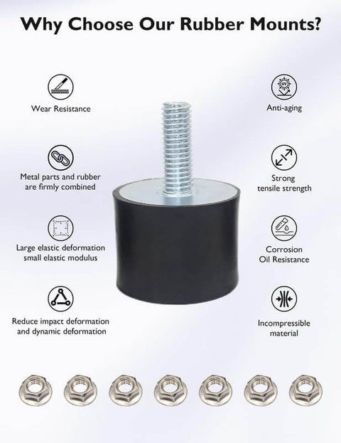 4 Pack M6 Rubber Vibration Isolators With Lock Nuts For Motors, Pumps, Compressors And Bobbins, VE Type, steel bolt