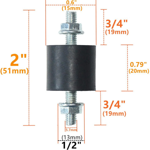 4 Pieces 20 X 15mm Rubber Mounts Vibration Isolator Mounts Shock Absorber With M6 X 19mm Studs Including 8 Nuts shown with measurements