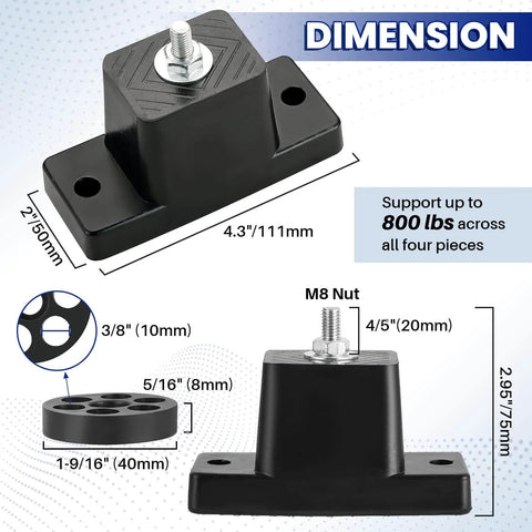 Product dimensions and details of 4 Pack Rubber Vibration Isolator Mounting Brackets With Honeycomb Gasket Pads For Outdoor Mini Split Condenser Units Anti Vibration Mounts To Reduce Noise And Vibration And Provide Stable Support For Outdoor AC Installations, showing size in mm and features including 800 lbs support capacity.