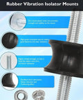 Efficient M8 vibration isolation mounts with rubber waisted design, zinc-nickel plated core and hex lock nuts for secure installation.