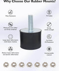 Rubber Vibration Isolator Mounts M12x37-60x50mm Single Stud with Lock Nuts, shown with features like wear resistance and anti-aging.