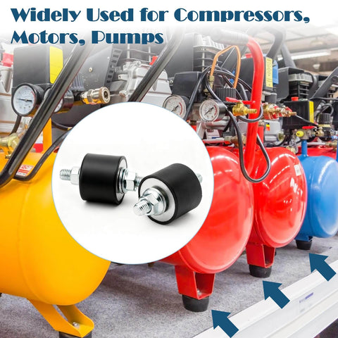 Four-piece rubber vibration isolator mounts in 40x30mm with M10x23mm studs shown near air compressors