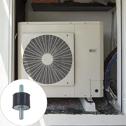 Outdoor air compressor with close-up inset of 4 Pack Rubber Vibration Isolator Mounts 40x30mm With M10x25mm Studs Anti Vibration Mounts
