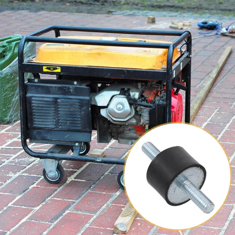 Generator with inset of rubber cylindrical vibration isolator mount with dual-threaded studs for shock absorption.