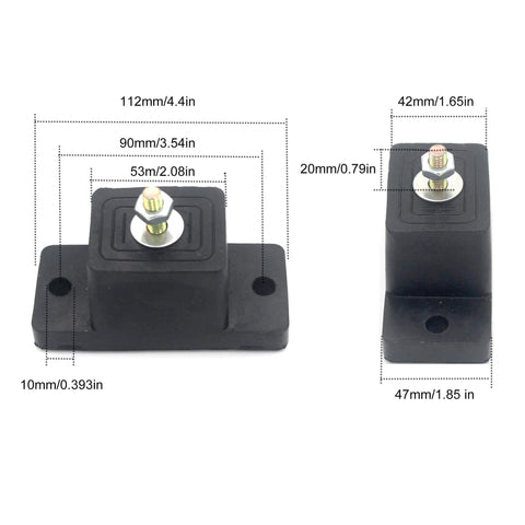 Durable rubber vibration pads isolate outdoor mini split condensers, dampen shocks, reduce noise, dimensions labeled.