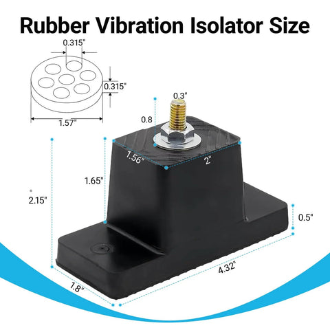 Heavy duty rubber vibration isolators and mounting brackets absorb shocks up to 1000 lbs per unit, with dimensions shown.
