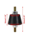Side view of a rubber anti-vibration mount with 70mm height, featuring M8 studs and nuts, crafted from high-hardness rubber and zinc-coated steel.