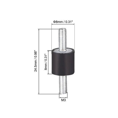 Set of eight 8x8mm rubber vibration mounts with M3x8mm studs shown in detailed size dimensions for shock absorption in machinery.