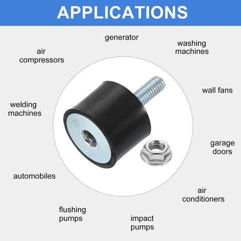M5 Rubber Mounts 8Pcs 20x15mm Anti Vibration Isolators with Lock Nuts for cars, generators, and air compressors, shown with applications.