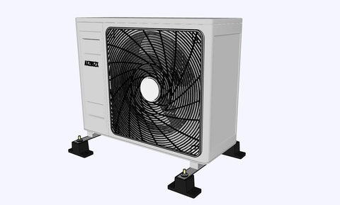 Mini split air conditioner condenser on rubber vibration isolation mounts for small mini split air conditioner condensers and outdoor HVAC units