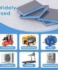 Rubber Anti Vibration Isolation Pads For Machinery And Air Compressors 2 Inch By 2 Inch By Seven Eighths Inch Vibration Damping Feet Noise Reduction And Shock Absorption Outdoor Ready 4 Pack displayed with various machinery including air compressor, diesel generators, motor, air conditioner, treadmill, washing machine.