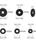 Illustration of 120Pcs Flat Rubber Washers Set 5 Sizes 16 18 20 25 30mm Black Sealing Washers with quantities and dimensions.