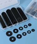 120Pcs Flat Rubber Washers Set 5 Sizes 16 18 20 25 30mm Black Sealing Washers displayed in open storage box