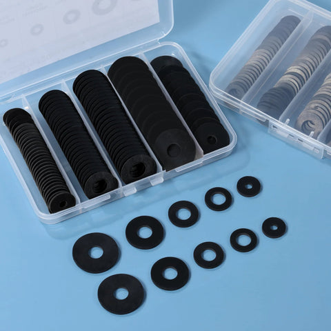 120Pcs Flat Rubber Washers Set 5 Sizes 16 18 20 25 30mm Black Sealing Washers displayed in open storage box
