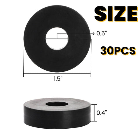 Durable rubber washers set delivers reliable vibration damping and quiet operation for machines, includes 30 flat washers sized 1.5 in OD, 0.5 in ID