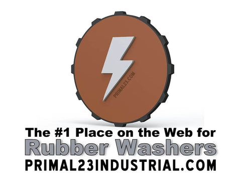 Logo featuring brown and black gear with lightning bolt, text reads The #1 Place for Rubber Washers, PRIMAL23INDUSTRIAL.COM