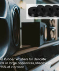 Feet rubber washers absorbing 95% of vibration, shown near large speakers in a sound studio, highlighting their use for appliances.
