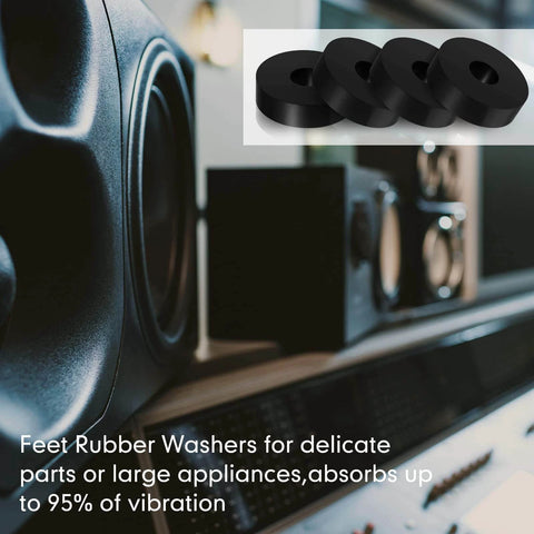 Feet rubber washers absorbing 95% of vibration, shown near large speakers in a sound studio, highlighting their use for appliances.