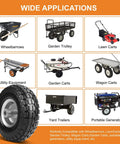 Illustration of 10 Inch 4.10/3.50-4 Flat Free Solid Rubber Wheels 4 Pack and compatible equipment like wheelbarrows and garden carts.