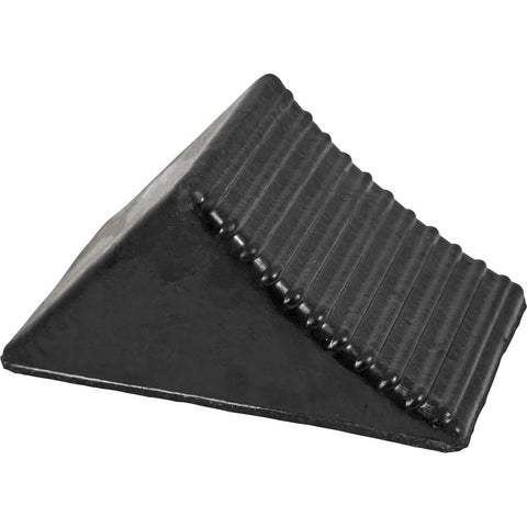 Beefy Rubber Wheel Chock For Cars Trailers RVs And Utility Vehicles With Reinforced Grip Weather And Chemical Resistant 5x6x5 Inch Tire Stopper For Secure Parking And Service Bays Buyers Products WC1467A, side view