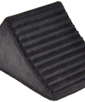 Front view of Beefy Rubber Wheel Chock For Cars Trailers RVs And Utility Vehicles With Reinforced Grip Weather And Chemical Resistant 5x6x5 Inch Tire Stopper For Secure Parking And Service Bays Buyers Products WC1467A, showcasing ribbed design and black rubber material.