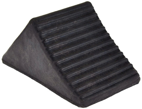 Front view of Beefy Rubber Wheel Chock For Cars Trailers RVs And Utility Vehicles With Reinforced Grip Weather And Chemical Resistant 5x6x5 Inch Tire Stopper For Secure Parking And Service Bays Buyers Products WC1467A, showcasing ribbed design and black rubber material.