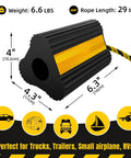 Durable Rubber Wheel Chocks For RV Trailer Camper Truck Car And Aircraft With Rope Two Pair Or Four Pack Three Reflective Strips Tough As Nails Heavy Duty Wheel Immobilizers By HOXWELL, with dimensions and a reflective strip.