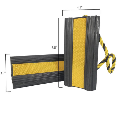 Heavy Duty Wheel Chocks With Ropes For Trucks And Trailers, Oil Resistant Rubber, Reflective Stripes, Anti Slip Grip, Safe Parking In Garages And Driveways, Ideal For RVs And Equipment, 7.8 Inches, 1 Pack shown with dimensions and rope details