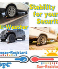 Heavy Duty Rubber Wheel Chocks With Reflective Strips Set Of 4 for SUV shown in wet and dry conditions, securing vehicles.