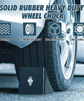 Rugged 2 Pack Solid Rubber Wheel Chocks for RVs, Campers, Trailers and Trucks, Heavy Duty Tire Blocks shown in use with car tire.