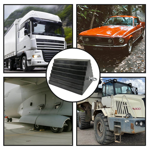 Heavy Duty Rubber Wheel Chocks With Eyebolt Black 9 Inch By 7.1 Inch By 5.5 Inch 2 Pack All Weather Anti Slip For Cars RVs Trucks Trailers And Vehicles Roblock shown with various vehicles.