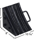 Durable Laminated Rubber Wheel Chock With Sturdy Metal Handle For Quick Safe Vehicle Blocking On Wet Slippery Or Uneven Surfaces Heavy Duty And Weather Resistant Black Vestil LWC 15 with dimensions shown.