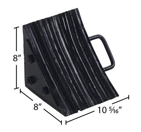 Durable Laminated Rubber Wheel Chock With Sturdy Metal Handle For Quick Safe Vehicle Blocking On Wet Slippery Or Uneven Surfaces Heavy Duty And Weather Resistant Black Vestil LWC 15 with dimensions shown.