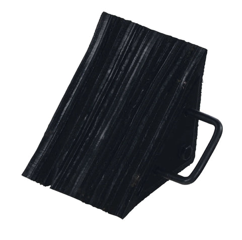Durable Laminated Rubber Wheel Chock With Sturdy Metal Handle For Quick Safe Vehicle Blocking On Wet Slippery Or Uneven Surfaces Heavy Duty And Weather Resistant Black Vestil LWC 15, side view