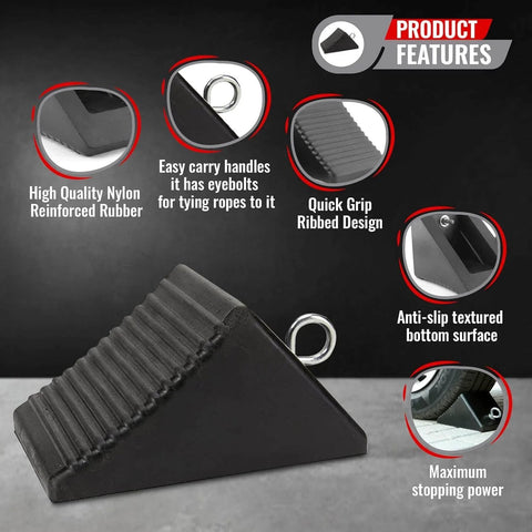 Heavy Duty Rubber Wheel Chocks With Eyebolt Handles, 4 Pack, For RVs Trailers Campers Trucks And ATVs, Tough As Nails Quick Grip Ribbed Design To Secure Front And Rear Tires, Durable Portable Parking Chocks